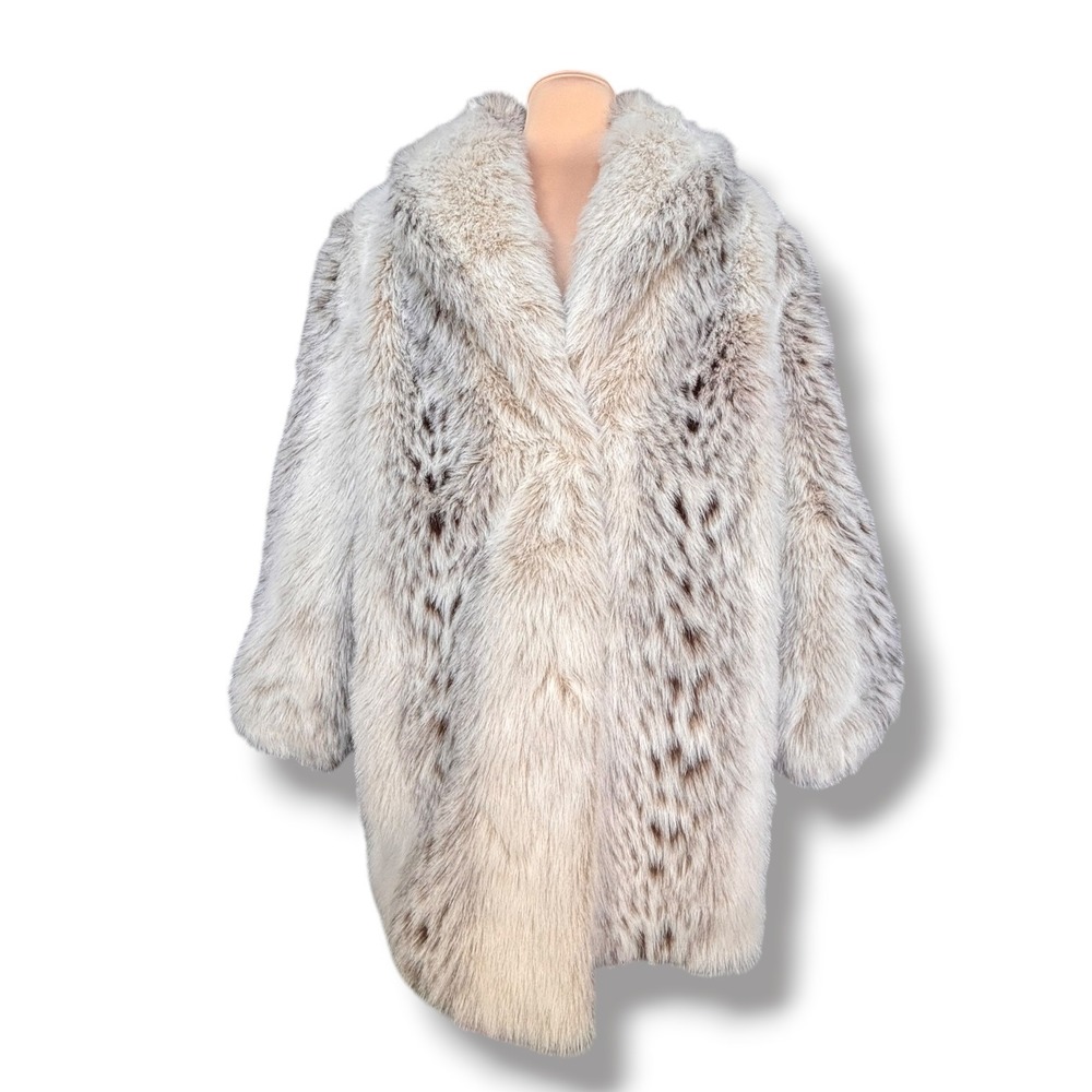 Vintage Faux Fur Lynx Print Coat Made USA Oversized Winter Large Hollywood Glam